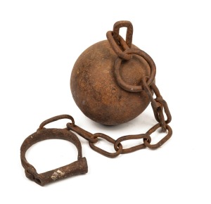 126 · Antique convict ball and chain, 19th century, 75cm long