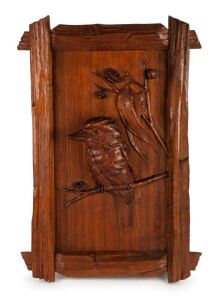 ROBERT PRENZEL stunning hand-carved timber kookaburra panel, signed lower right "R. PRENZEL, 1916", ​​​​​​​72 x 48cm overall.