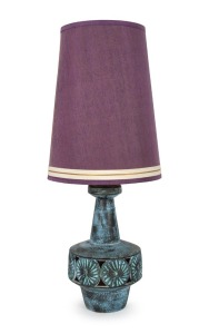 ELLIS vintage blue pottery table lamp with period purple shade, circa 1960, ​​​​​​​88cm high overall.