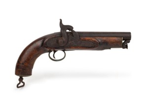 An antique percussion cap service pistol with 1854 Tower mark stamped with Queen Victoria crown and cypher, mid 19th century, ​​​​​​​30cm long.