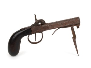 An antique percussion cap pocket pistol/knife with octagonal barrel, early to mid 19th century, ​​​​​​​20cm long, 26cm long overall with knife extended.