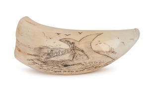 JAMES CUMBERLAND BROWN (Albany, Western Australia) scrimshaw whale's tooth titled "Give It To Him", signed "J. F. C. RMS", 15cm long.