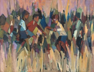 JOHN THOMAS RIGBY (1922-2012), Fighting Boys, acrylic on board, signed lower centre "Rigby, '65", titled verso with inventory gallery No. 39, ​​​​​​​70 x 90cm, 86 x 106cm overall