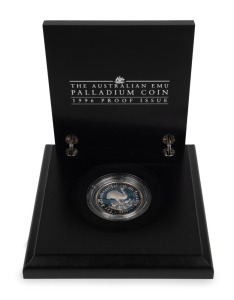 1996 $40 (1oz) Palladium Emu Proof in felt-lined case of issue. With Certificate of Authenticity No.0496 of only 2,500 produced.