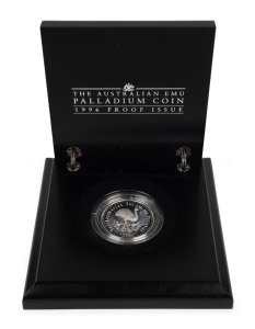 1996 $40 (1oz) Palladium Emu Proof in felt-lined case of issue. With Certificate of Authenticity No.0497 of only 2,500 produced.