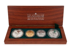 THE 1995 AUSTRALIAN FAMILY OF PRECIOUS METAL PROOF COINS: comprising of a $1 (1oz) Australian Kookaburra silver Proof, a $100 (1oz) pure gold Australian Nugget Proof, a $100 (1oz) platinum Koala Proof, and a $40 (1oz) Australian Emu Proof, all beautifully presented in a felt-lined timber case and accompanied by the Certificate of Authenticity identifying this as set No.12 of only 75 produced.