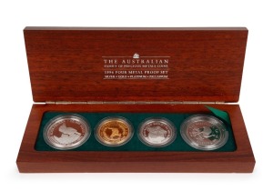 THE 1995 AUSTRALIAN FAMILY OF PRECIOUS METAL PROOF COINS: comprising of a $1 (1oz) Australian Kookaburra silver Proof, a $100 (1oz) pure gold Australian Nugget Proof, a $100 (1oz) platinum Koala Proof, and a $40 (1oz) Australian Emu Proof, all beautifully presented in a felt-lined timber case and accompanied by the Certificate of Authenticity identifying this as set No.44 of only 100 produced.