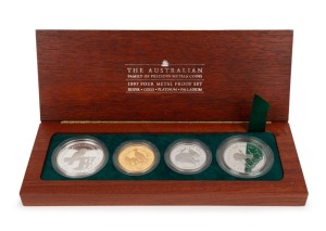 THE 1997 AUSTRALIAN FAMILY OF PRECIOUS METAL PROOF COINS: comprising of a $1 (1oz) Australian Kookaburra silver Proof, a $100 (1oz) pure gold Australian Nugget Proof, a $100 (1oz) platinum Koala Proof, and a $40 (1oz) Australian Emu Proof, all beautifully presented in a felt-lined timber case and accompanied by the Certificate of Authenticity identifying this as set No.03 of only 100 produced.