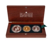 THE 1998 AUSTRALIAN FAMILY OF PRECIOUS METAL PROOF COINS: comprising of a $1 (1oz) Australian Kookaburra silver Proof, a $100 (1oz) pure gold Australian Nugget Proof, and a $100 (1oz) platinum Koala Proof, all beautifully presented in a felt-lined timber 