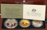 THE 1998 AUSTRALIAN FAMILY OF PRECIOUS METAL PROOF COINS: comprising of a $1 (1oz) Australian Kookaburra silver Proof, a $100 (1oz) pure gold Australian Nugget Proof, and a $100 (1oz) platinum Koala Proof, all beautifully presented in a felt-lined timber - 2