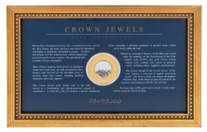 2002 $100 Crown Jewels gold locket Proof coin (23.32 grams of pure gold) incorporating 2 carats of semi-precious stones; attractively presented in a sealed case numbered 0549/5000.