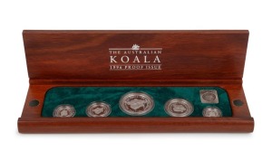Five-piece platinum Koala proof Set for 1996, the $5, $15, $25, $50, and $100 Dollars, all Gem Proofs in the original wooden case; numbered 065 of 200.