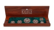 Five-piece platinum Koala proof Set for 1996,&nbsp;the $5, $15, $25, $50, and $100 Dollars, all Gem Proofs in the original wooden case; numbered 065 of 200.