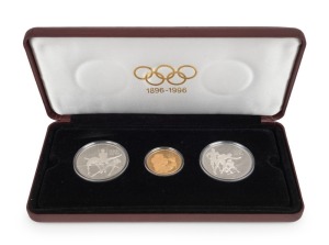 Canada: 1896-1996 Olympic Centennial Coin Programme - Series I. 1992 cased proof set of 3 comprising of gold $175 Olympic Flame, silver $15 Spirit of the Generations and $15 Faster, Higher, Stronger. With the 3 certificates of authenticity.