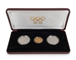 Greece: 1896-1996 Olympic Centennial Coin Programme - Series 5. 1996 cased proof set of 3 comprising of gold 20,000dr First Olympic Games, silver 1,000dr Runners and 1,000dr Wrestlers. With the 3 certificates of authenticity.