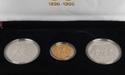 Greece: 1896-1996 Olympic Centennial Coin Programme - Series 5. 1996 cased proof set of 3 comprising of gold 20,000dr&nbsp; First Olympic Games, silver 1,000dr Runners and 1,000dr Wrestlers. With the 3 certificates of authenticity.&nbsp;&nbsp; - 2