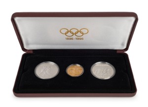 Greece: 1896-1996 Olympic Centennial Coin Programme - Series 5. 1996 cased proof set of 3 comprising of gold 20,000dr First Olympic Games, silver 1,000dr Runners and 1,000dr Wrestlers. With the 3 certificates of authenticity.