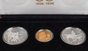 Canada: 1896-1996 Olympic Centennial Coin Programme - Series I. 1992 cased proof set of 3 comprising of gold $175 Olympic Flame, silver $15 Spirit of the Generations and $15 Faster, Higher, Stronger. With the 3 certificates of authenticity. - 2