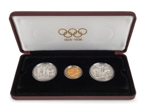 1896-1996 Olympic Centennial Coin Programme - Series II - Participation, Friendship & Fair Play. 1993 cased proof set of 3 comprising of gold $200 Gymnast, silver $20 The Relay Team and $20 The Champions. With the 3 certificates of authenticity.