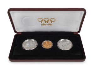 France: 1896-1996 Olympic Centennial Coin Programme - Series 3. 1994 cased proof set of 3 comprising of gold 500Fr The Archer, silver 100Fr The Javelin Thrower and silver 100Fr The Discus Thrower. With the 3 certificates of authenticity.