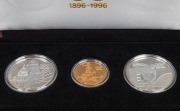 France: 1896-1996 Olympic Centennial Coin Programme - Series 3. 1994 cased proof set of 3 comprising of gold 500Fr The Archer, silver 100Fr The Javelin Thrower and silver 100Fr The Discus Thrower. With the 3 certificates of authenticity. - 2