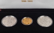 AUSTRIA: 1896-1996 Olympic Centennial Coin Programme - Series 4. 1995 cased proof set of 3 comprising of gold 1,000sch Zeus, silver 200sch Gymnast and 200sch Slalom Skier. With the 3 certificates of authenticity.&nbsp;&nbsp; - 2