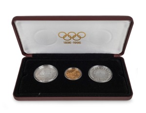 France: 1896-1996 Olympic Centennial Coin Programme - Series 3. 1994 cased proof set of 3 comprising of gold 500Fr The Archer, silver 100Fr The Javelin Thrower and silver 100Fr The Discus Thrower. With the 3 certificates of authenticity.