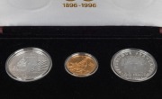 France: 1896-1996 Olympic Centennial Coin Programme - Series 3. 1994 cased proof set of 3 comprising of gold 500Fr The Archer, silver 100Fr The Javelin Thrower and silver 100Fr The Discus Thrower. With the 3 certificates of authenticity. - 2
