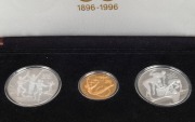 1896-1996 Olympic Centennial Coin Programme - Series II - Participation, Friendship & Fair Play. 1993 cased proof set of 3 comprising of gold $200 Gymnast, silver $20 The Relay Team and $20&nbsp;The Champions. With the 3 certificates of authenticity. - 2