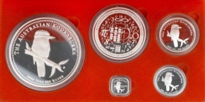 The Australian Kookaburra 2004 Proof Issue - KILO COLLECTION of five coins in presentation case containing one of each of the kilo, ten ounce, two ounce and one ounce and Ѕ ounce coins produced by The Perth Mint. With Certificate of Authenticity for set No. 094 of 350.