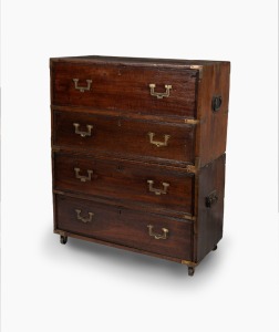 THE CHAUVEL CAMPAIGN CHEST.. An Anglo-Indian teak and brass bound Military campaign chest, circa 1870,&nbsp; property of Captain (later Major) C.G.T. Chauvel, 35th Madras Native Infantry,&nbsp;who had settled in the Mudgee&nbsp;district in the early 1880s, after retirin