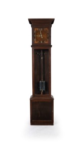 An interesting Australian longcase clock with silky oak case, glazed trunk door and additional door to the base. Rare electric impulse seconds beating time only movement. Radial veneered dial with applied Arabic numerals, early 20th century, 186cm high, 4