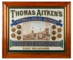 "THOMAS ATKINS, VICTORIA PARADE BREWERY, EAST MELBOURNE, PRIZE ALES & PORTER" antique colour lithograph advertising poster printed by Troedel of Melbourne, attractively framed in antique birdseye maple frame, circa 1865, 71 x 87cm overall