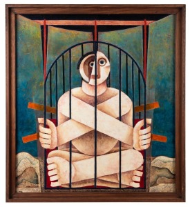 LEONARD FRENCH (1928-2017), Caged, enamel on hessian covered hardboard, signed lower left "French" with affixed label verso, 88 x 78cm, 97 x 88cm overall