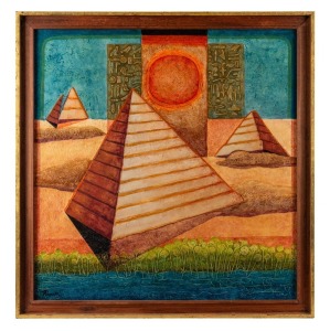 LEONARD FRENCH (1928-2017), Pyramids, enamel on hessian covered hardboard, signed lower left "French" with affixed label verso, 91 x 89cm, 102 x 99cm overall