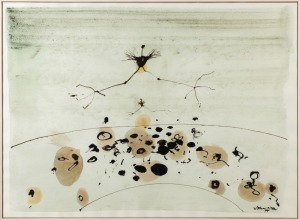 JOHN OLSEN (1928-2023), The Christ Bird Arrives, watercolour on paper, signed lower right "John Olsen, '73", bearing pencil inscriptions verso with provenance notes, 45 x 61cm, 86 x 75cm overall.