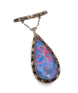 RHODA WAGER (attributed) impressive silver and almond shaped opal brooch, circa 1930, inscribed verso with lengthy dedication, ​​​​​​​7cm high overall