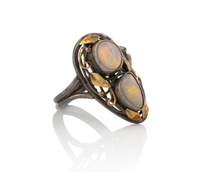 RHODA WAGER (attributed) silver and yellow gold ring, set with two polished opals, circa 1920s,&nbsp;