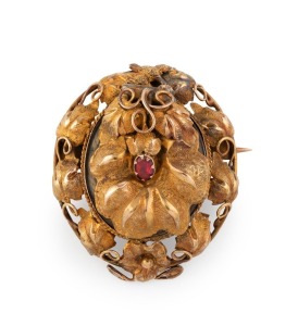An antique Colonial Australian 15ct gold and red stone brooch with photo portrait compartment and mourning window back with lock of hair, mid 19th century, ​​​​​​​4.3cm high, 12.5 grams total