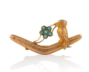 ALFRED JACKSON, of Fremantle, Western Australia, 9ct yellow gold "A.I.F. ABROAD" brooch with boomerang and kookaburra, set with turquoise, circa 1915, stamped "9ct" with pictorial mark, 4.6cm wide, 2.7 grams