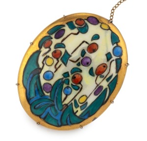 An antique oval brooch with hand-painted porcelain plaque signed "R.W. MILDRED", stamped "9C", early to mid 20th century, ​​​​​​​6cm high