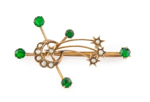 HALLEY'S COMET&nbsp;rare antique Australian 9ct gold shooting star with&nbsp;Southern Cross brooch, set with seed pearls and green stones, early 20th century, ​​​​​​​4.4cm wide, 3.8 grams