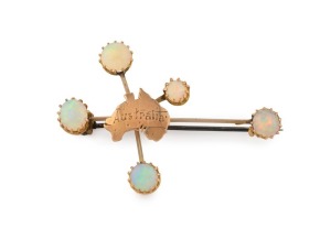 WILLIS & SONS of Melbourne antique 9ct rose gold "SOUTHERN CROSS" brooch with map of Australia adorned with 5 solid cabochon opals, circa 1910, stamped "9C" with unicorn mark, 5cm wide, 4.3 grams