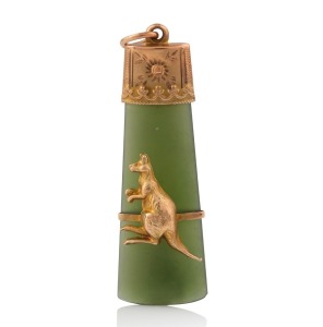 WILLIS & SONS of Melbourne antique 9ct gold mounted New Zealand greenstone fob with kangaroo decoration, 19th century, stamped "9" flanked by pictorial marks, ​​​​​​​5cm high overall.