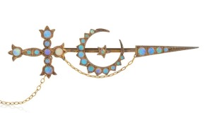 ARONSON & Co. of Melbourne antique 15ct gold and opal sword and crescent brooch, 19th/20th century, stamped "15" flanked by pictorial marks, ​​​​​​​8.5cm wide, 6.1 grams.