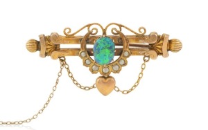 An antique Australian 9ct gold, seed pearl and opal bar brooch, 19th century, marks rubbed, ​​​​​​​5.5cm long, 5.2 grams.