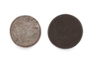CONVICT LOVE TOKENS: 1801 example on silver, engraved "JOHN KING & ANN MALLETT, 1801, JOSEPH MALLETT & SARAH ANN MALLETT, 1801". The other a half penny example engraved "E.M.", (2 items).