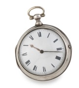 An antique sterling silver pair cased pocket watch with verge escapement fusee movement, engraved "JAMES FLETCHER, SYDNEY, 1843", 7.2cm high including bow.