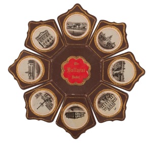 THE BALLARAT BASKET: A highly unusual and rare collection of sixteen Leporello images displayed in two groups of eight around a central "rose", circa 1880s. The upper group includes "Hay and Corn Market", "Orphan Asylum", "Lal Lal Falls" and the "Eastern 