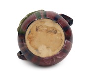 PAMELA unusual two handled pottery vase with applied gumnut and leaf glazed in pink, blue and green, incised "Pamela", 11.5cm high, 16.5cm wide - 2